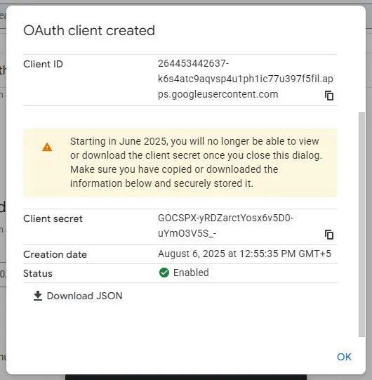 Download Google OAuth App Credentials or Copy