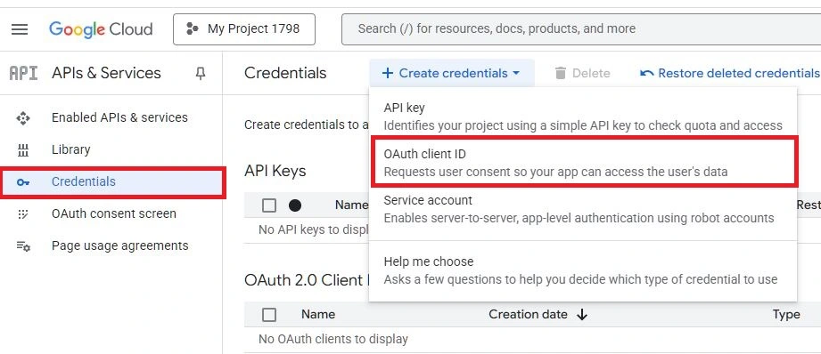 Select Google OAuth Client ID