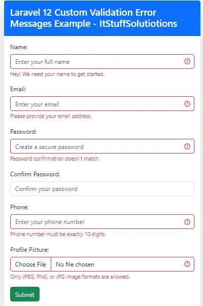 Laravel 12 Custom Validation Error Messages Example