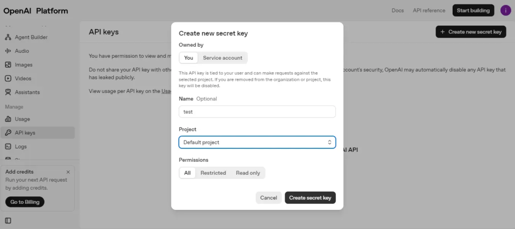 Create Open AI Secret Key