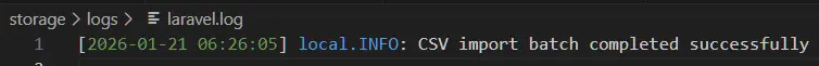 CSV Imported Successfully on Storage/logs/laravel.log